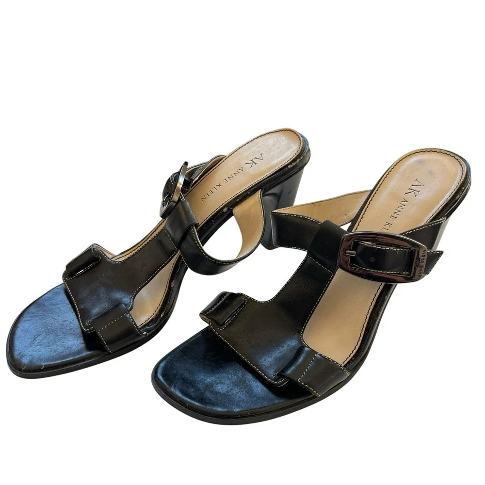 Anne Klein Maprincess Womens Size 6.5 M Black Leather Heeled Sandals Dress Shoes